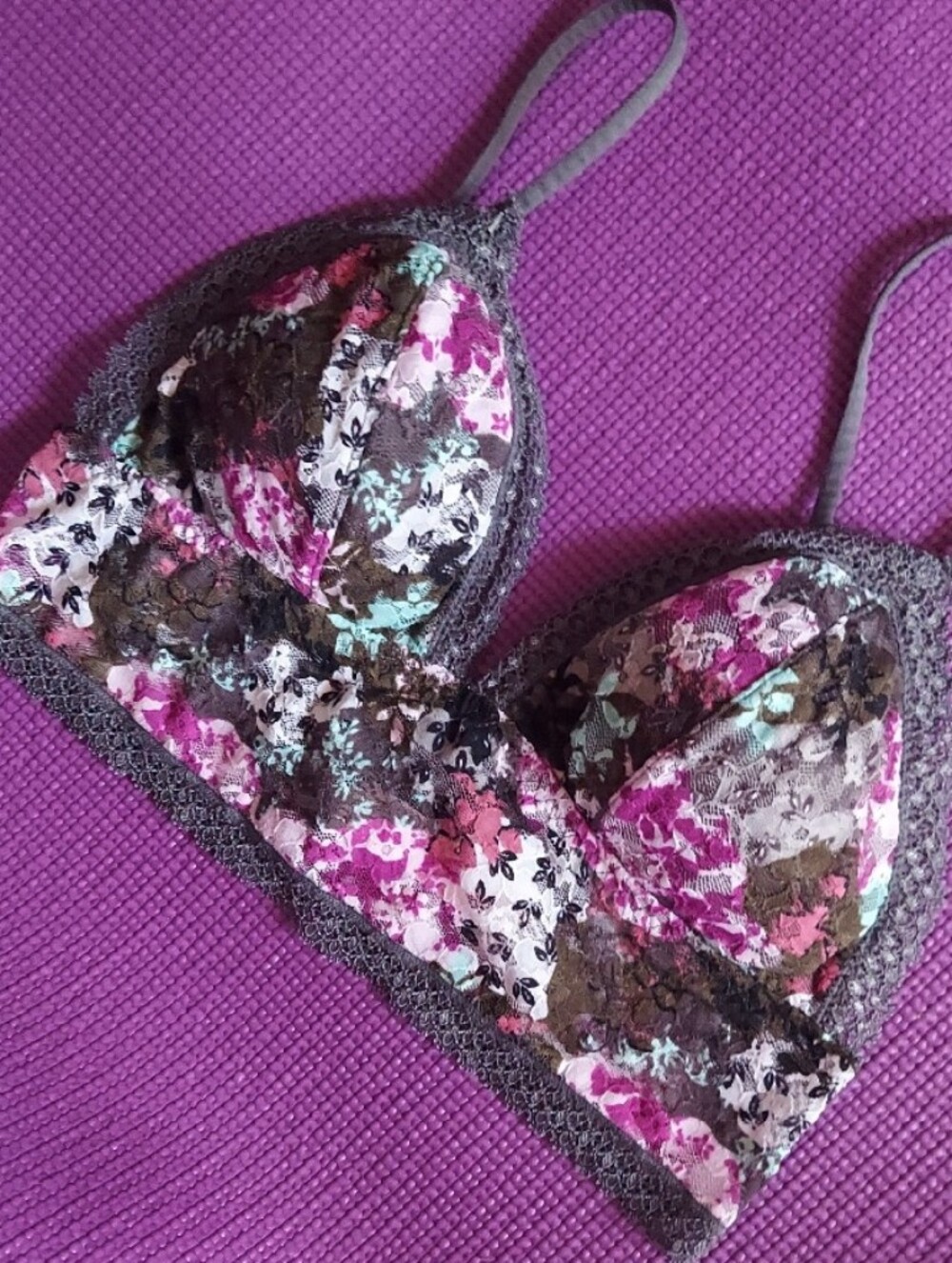 Candie's Floral Lace Bralette in Purple, Pink & Gray With Removable Cups